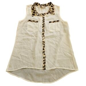Pink Rose Womens Sheer Cream Leopard Print Trim Sleeveless Button Up Blouse Med